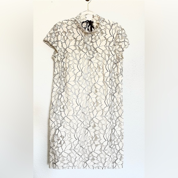 H&M Sheer Sheath Lace Dresses Cream with black detailing back ribbon tie Lined - Picture 3 of 17